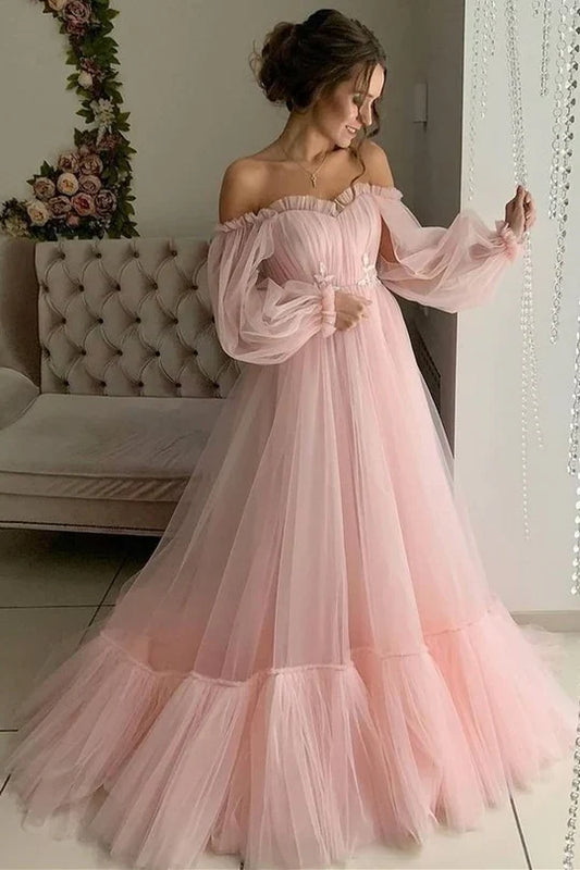 Ruffle Floor Length Long Sleeves A-line Off-the-Shoulder Tulle Prom Dress