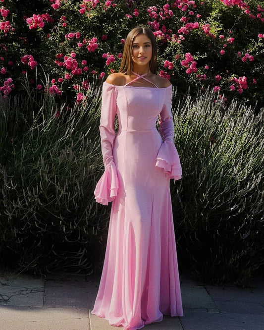 Formal Women's Dresses Long Sleeves Mermaid Pink Long Prom Dress Formal Evening Party Dress Prom Dress Store
