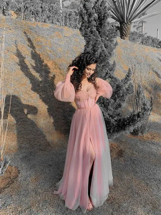 Formal Women's Dresses Pink A-Line Off Shoulder Tulle Long Prom Dress Formal Party Dress Prom Clothing