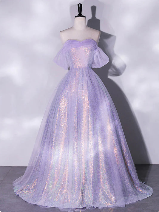 Formal Women's Dresses Purple A-Line Tulle Sequin Long Prom Dress Formal Party Dress Prom Dresses Stores