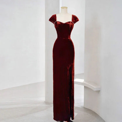 Formal Women's Dresses Red Cap Sleeves Velvet Long Prom Dress Formal Party Dress with Beads Prom Dress Stores