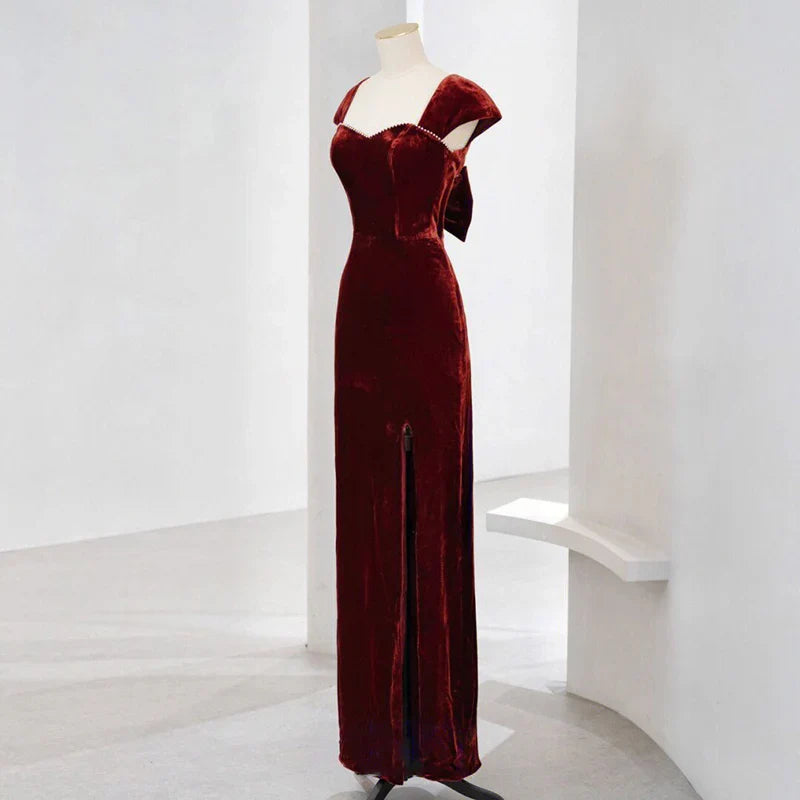 Formal Women's Dresses Red Cap Sleeves Velvet Long Prom Dress Formal Party Dress with Beads Prom Dress Stores