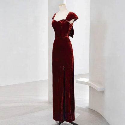 Formal Women's Dresses Red Cap Sleeves Velvet Long Prom Dress Formal Party Dress with Beads Prom Dress Stores