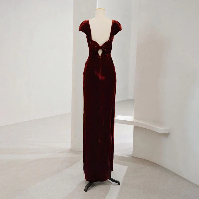 Formal Women's Dresses Red Cap Sleeves Velvet Long Prom Dress Formal Party Dress with Beads Prom Dress Stores