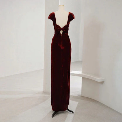 Formal Women's Dresses Red Cap Sleeves Velvet Long Prom Dress Formal Party Dress with Beads Prom Dress Stores