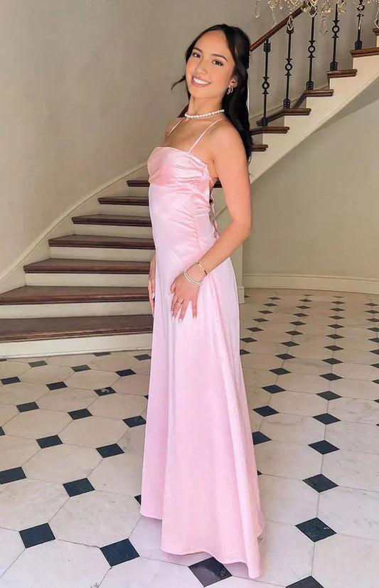 Formal Women's Dresses Pink A Line Satin Long Prom Dress Formal Party Gown Prom Dress Store