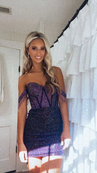 Dress Prom Dress Stores Dark Purple Off Shoulder Beading Short Prom Dress Homecoming Dress Party Dress Formal Women's Dresses