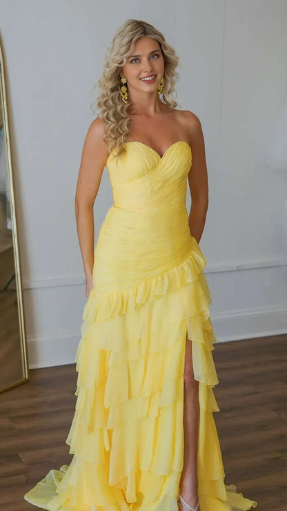 Formal Wear Dresses Yellow Sweetheart Ruffle Prom Dress Long Party Dresses Chiffon Evening Gown Prom Dress Shops