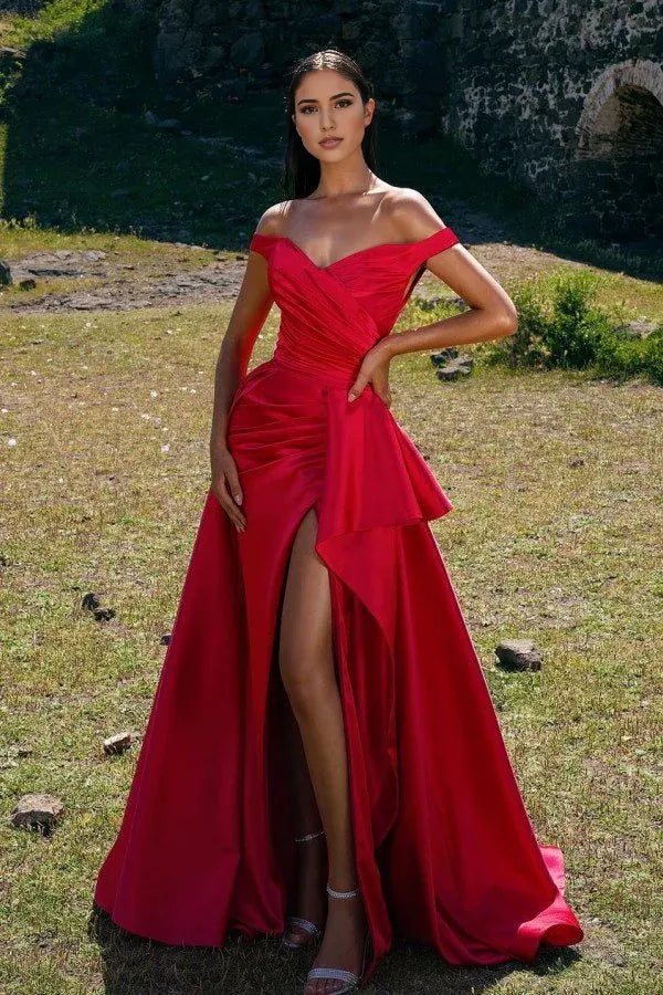 Formal Women's Dresses Chic Off-the-Shoulder Red Prom Dress Long Split With Ruffle Prom Dresses Stores