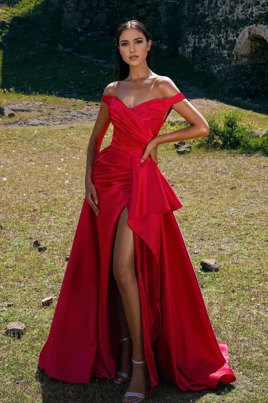 Formal Women's Dresses Chic Off-the-Shoulder Red Prom Dress Long Split With Ruffle Prom Dresses Stores