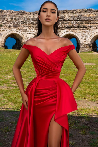 Formal Women's Dresses Chic Off-the-Shoulder Red Prom Dress Long Split With Ruffle Prom Dresses Stores