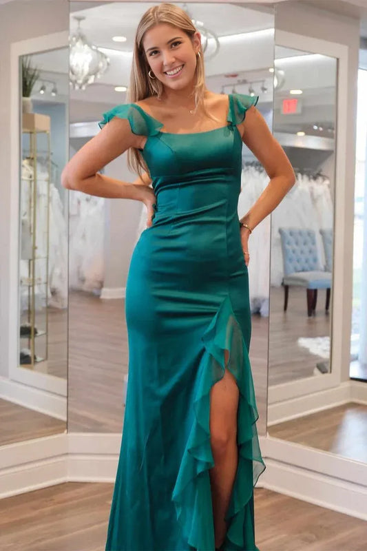 Formal Wear Dresses Green Straps Ruffle Mermaid Long Prom Dress Prom Dresses Shops Formal Women's Dresses
