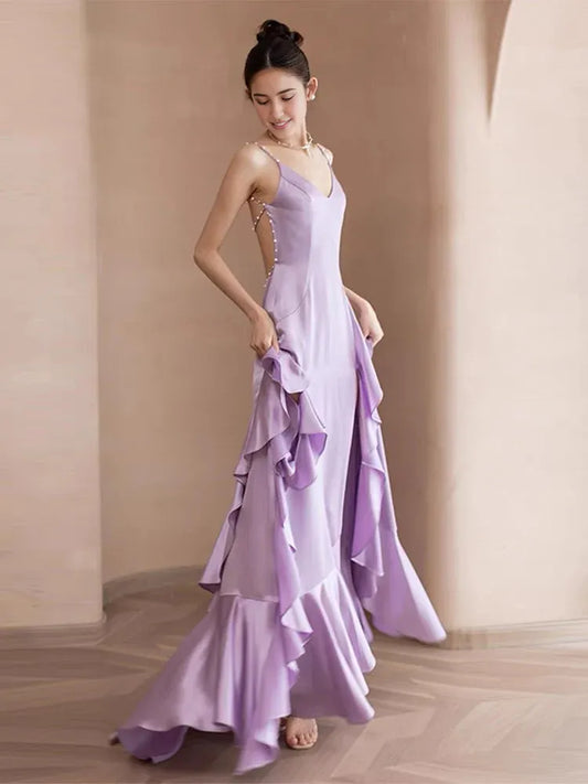 Formal Women's Dresses Backless A Line Ruffle Long Prom Dress Purple Formal Evening Gown Prom Dress Store