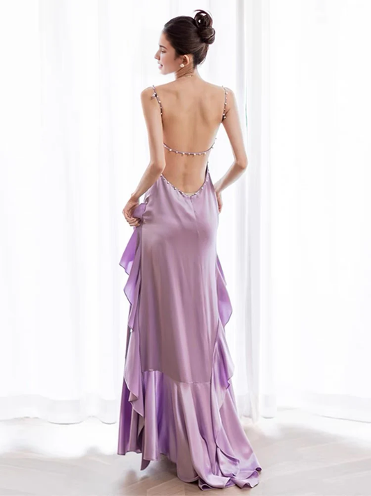 Formal Women's Dresses Backless A Line Ruffle Long Prom Dress Purple Formal Evening Gown Prom Dress Store
