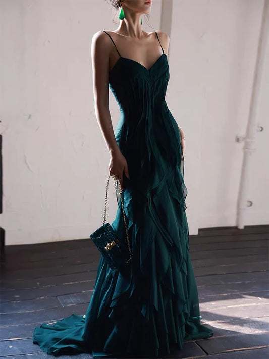 Formal Women's Dresses A line Dark Green Long Prom Dress Ruffle Formal Evening Gown Prom Dress Store ﻿
