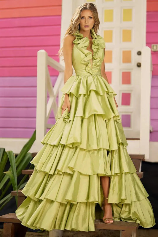 Prom Dress Stores V Neck Open Back Ruffles Halter Ball Gown Prom Dress Side Slit Tiered Formal Dress Dresses Evening Wear Formal Wear Dresses