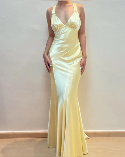 Dress Dresses Formal Light Yellow V Neck Mermaid Satin Long Prom Dress Wedding Guest Dress Party Dress Formal Wear Dresses