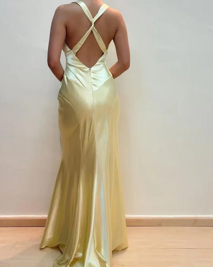 Dress Dresses Formal Light Yellow V Neck Mermaid Satin Long Prom Dress Wedding Guest Dress Party Dress Formal Wear Dresses