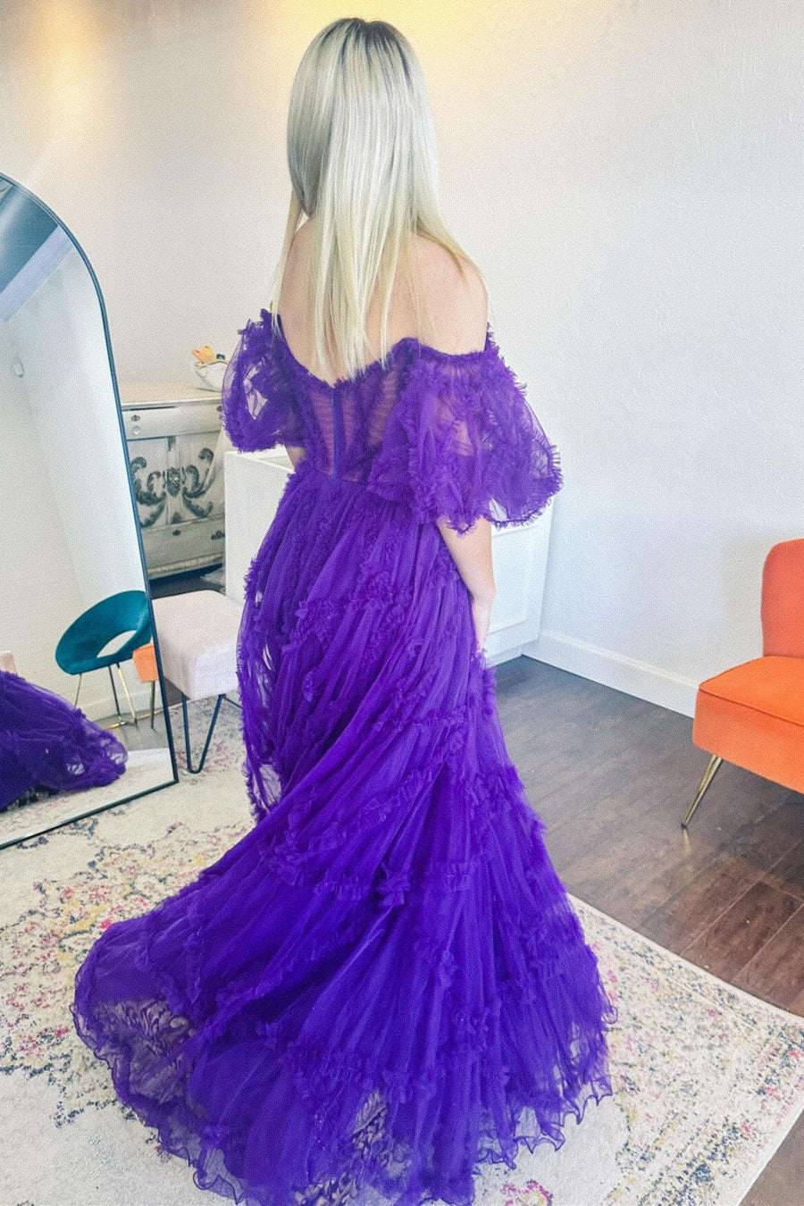 A-Line Sheer Ruffles Puff Sleeves Prom Dress with Corset