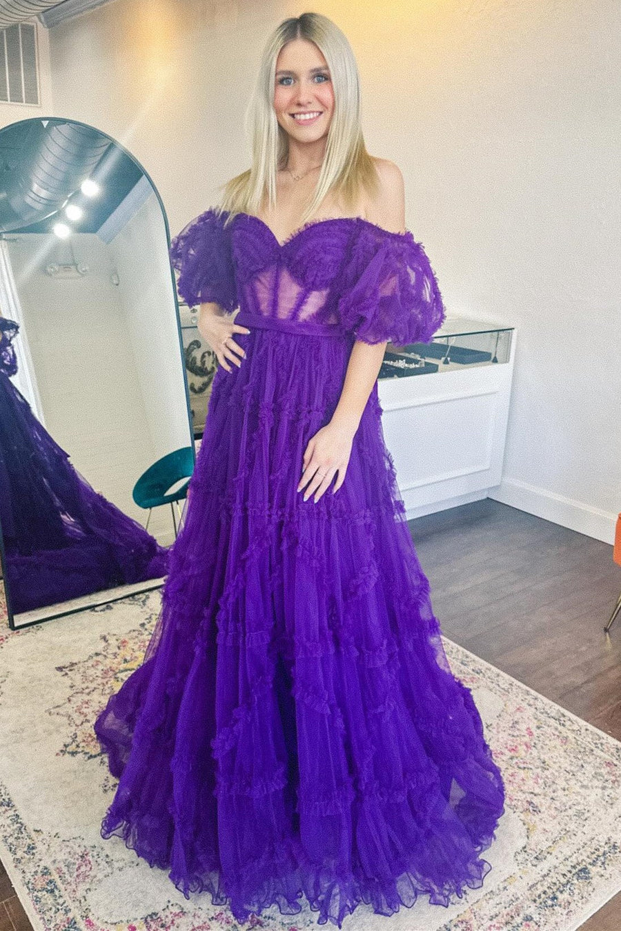 A-Line Sheer Ruffles Puff Sleeves Prom Dress with Corset