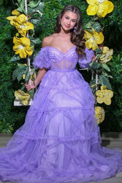 A-Line Sheer Ruffles Puff Sleeves Prom Dress with Corset