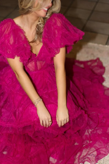 A-Line Sheer Ruffles Puff Sleeves Prom Dress with Corset