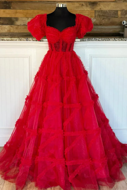 A-Line Sheer Ruffles Puff Sleeves Prom Dress with Corset