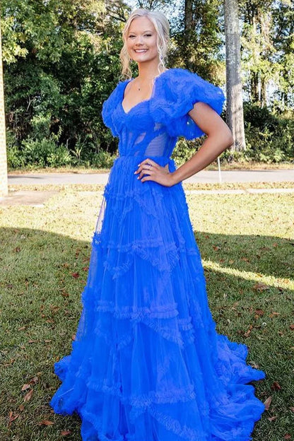 A-Line Sheer Ruffles Puff Sleeves Prom Dress with Corset