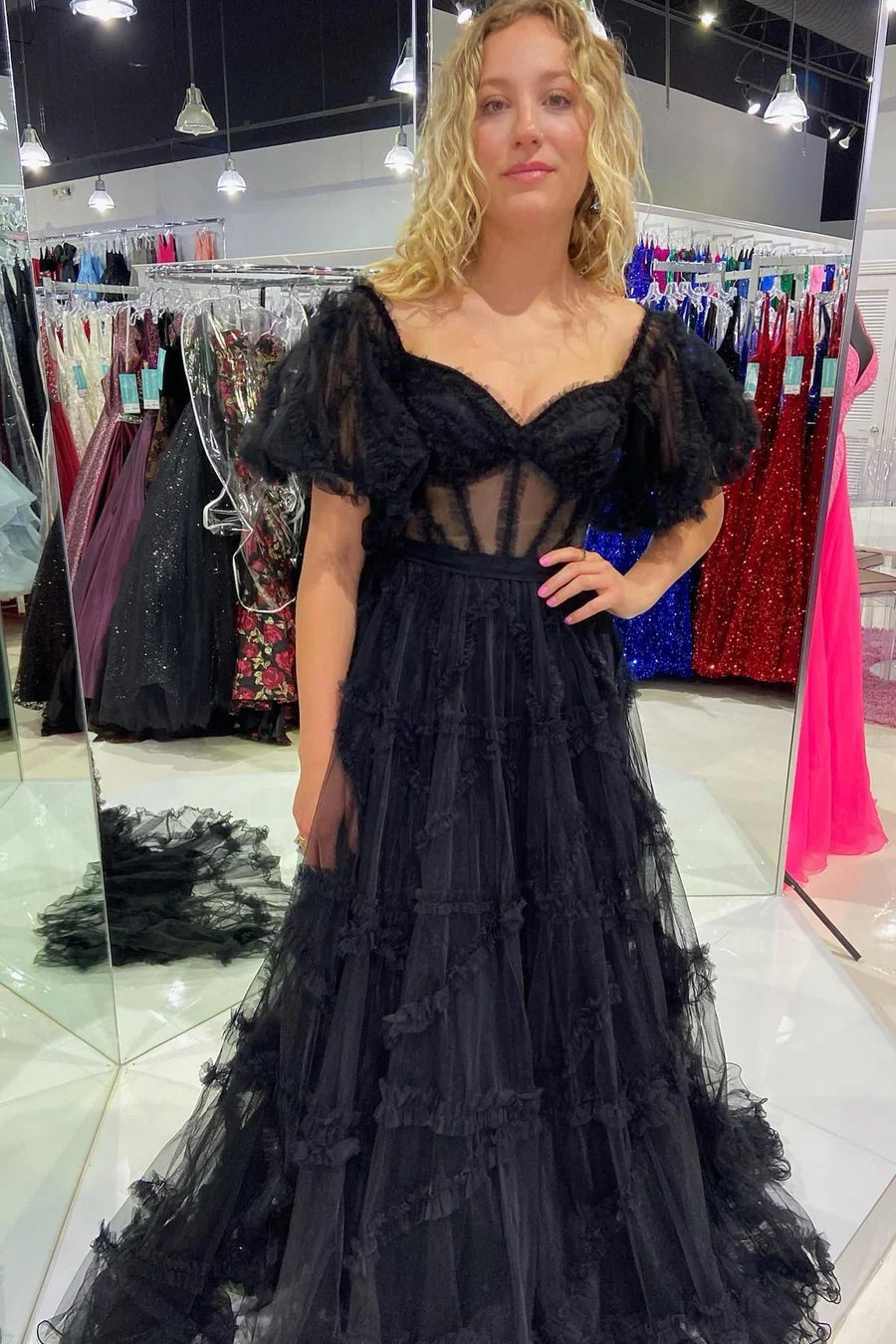 A-Line Sheer Ruffles Puff Sleeves Prom Dress with Corset