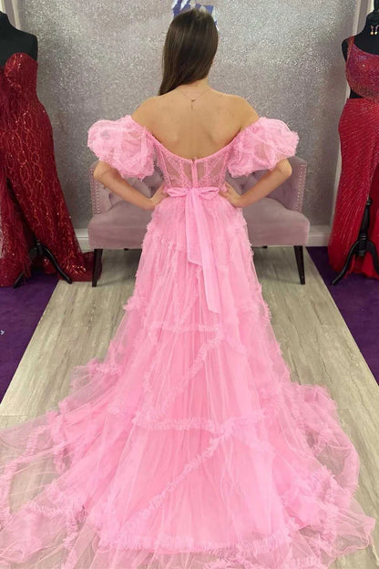 A-Line Sheer Ruffles Puff Sleeves Prom Dress with Corset