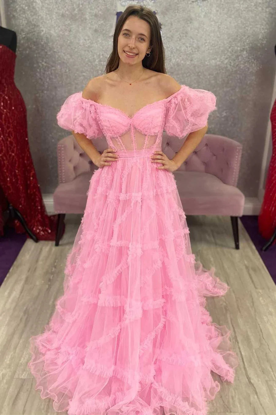 A-Line Sheer Ruffles Puff Sleeves Prom Dress with Corset