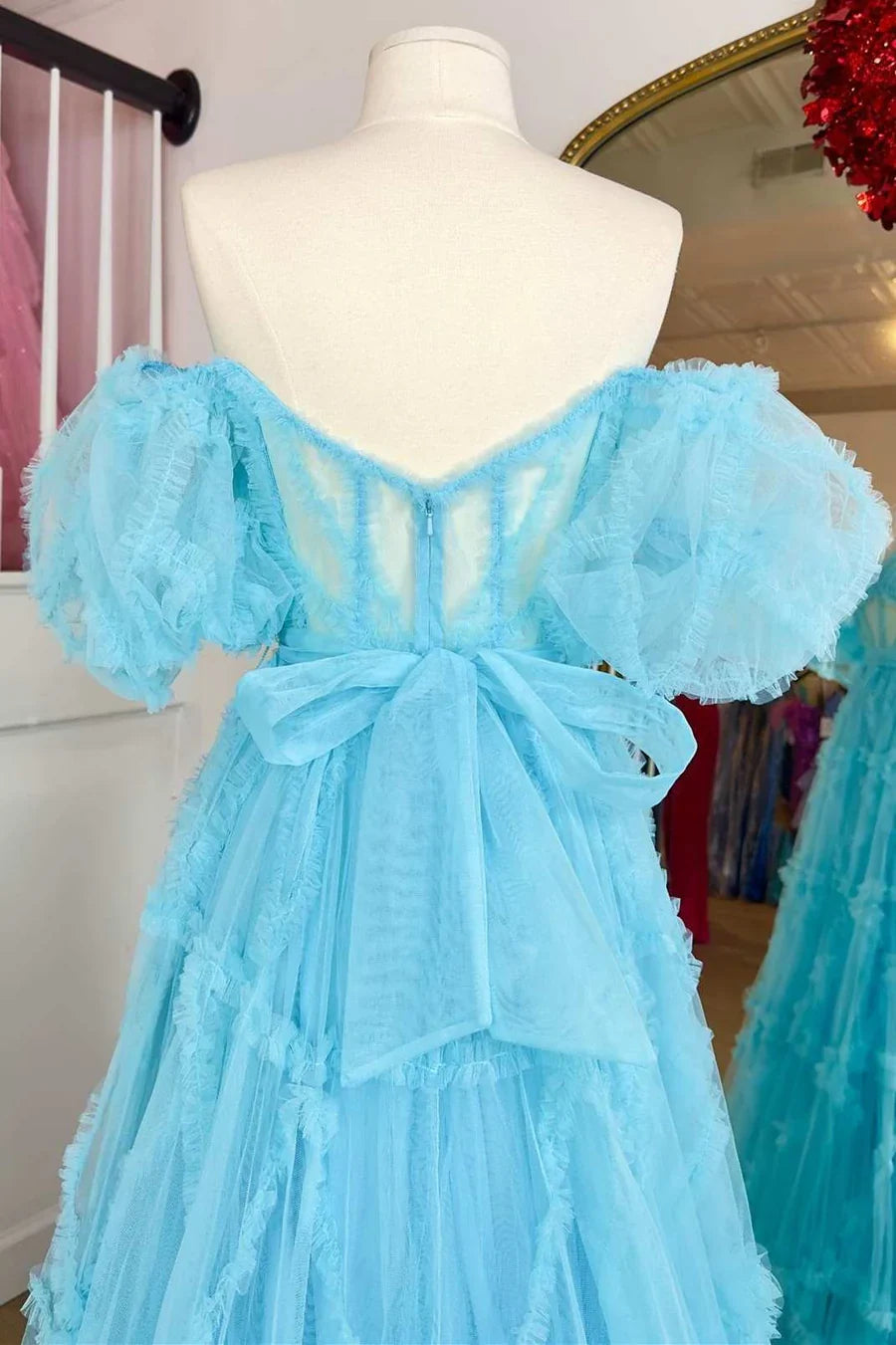 A-Line Sheer Ruffles Puff Sleeves Prom Dress with Corset