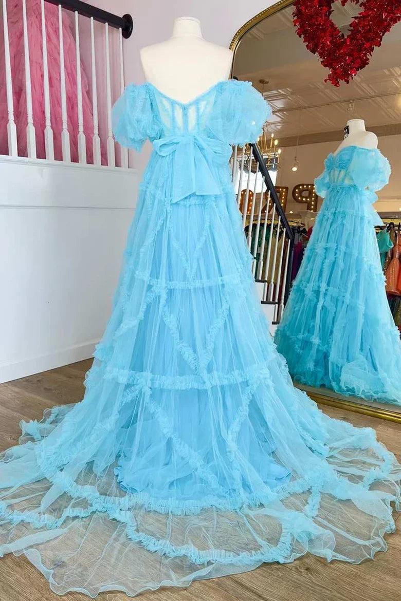 A-Line Sheer Ruffles Puff Sleeves Prom Dress with Corset