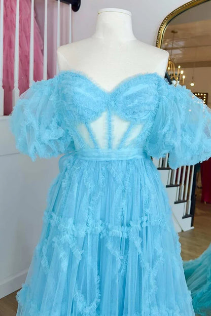 A-Line Sheer Ruffles Puff Sleeves Prom Dress with Corset