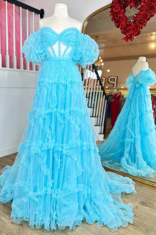 A-Line Sheer Ruffles Puff Sleeves Prom Dress with Corset