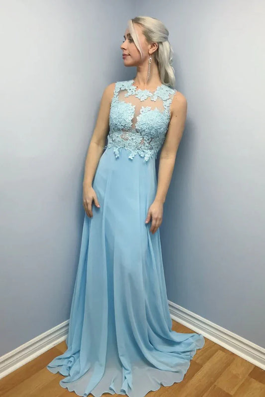 Prom Dresses Stores Elegant A-line Blue Chiffon Long Lace Appliques Prom Dress Formal Women's Dresses
