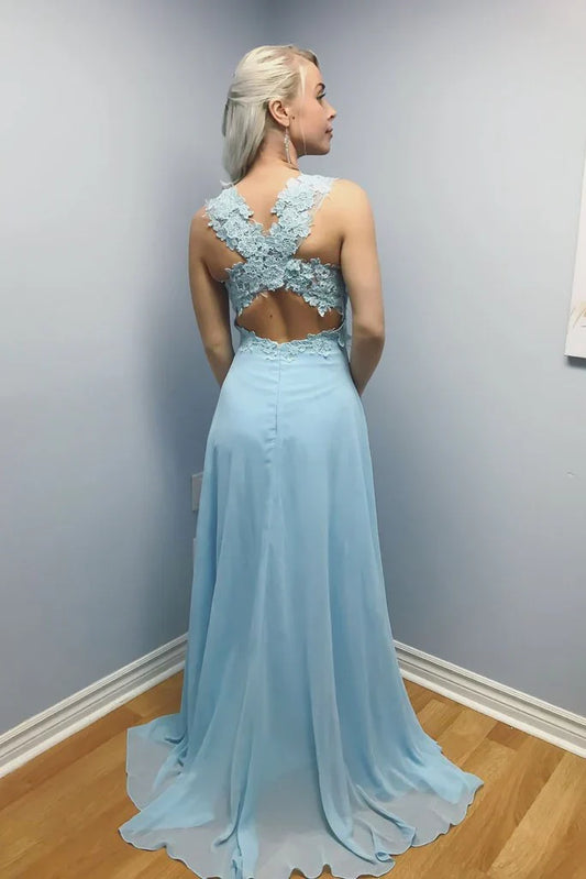 Prom Dresses Stores Elegant A-line Blue Chiffon Long Lace Appliques Prom Dress Formal Women's Dresses