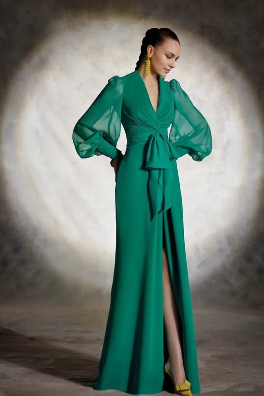 Prom Dresses Stores Featuring V Neckline With Chiffon Puffy Sleeves Prom Dress And A Bow At The Waist Front Slit Prom Dress Formal Women's Dresses