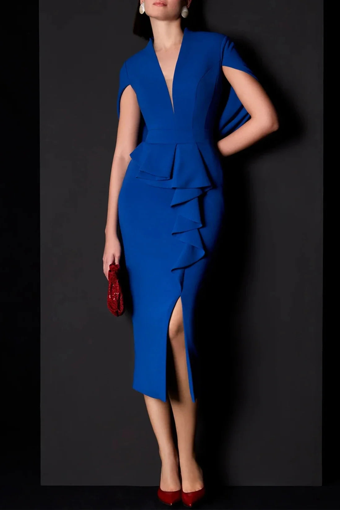 Prom Dresses Stores Midi-Length Cocktail Dress with V-Neckline and Peplum Detail Ruffle Prom Dress Formal Women's Dresses