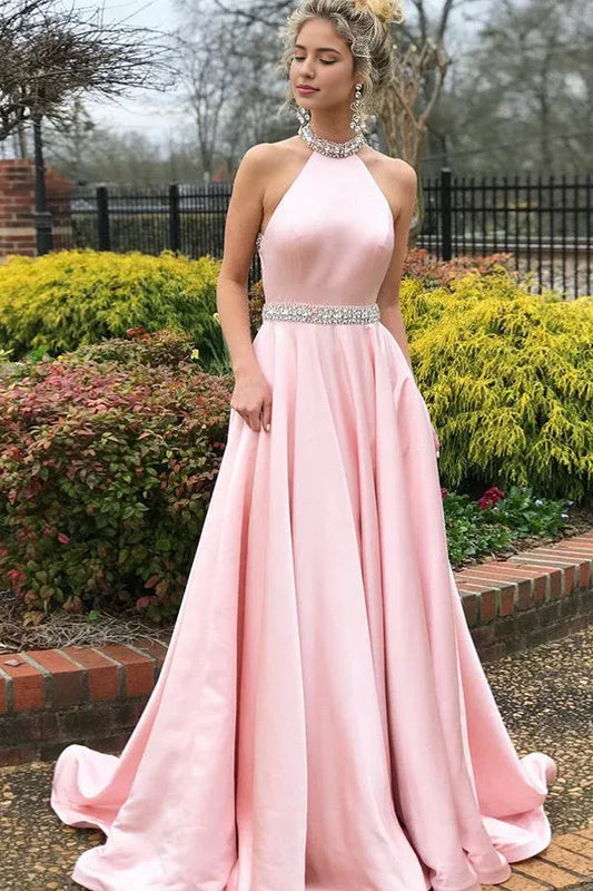 Formal Women's Dresses A-Line Pink Satin Open Back Sleeveless Prom Dress with Beading Prom Dresses Stores