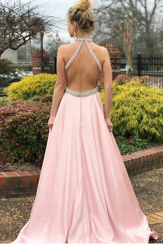 Formal Women's Dresses A-Line Pink Satin Open Back Sleeveless Prom Dress with Beading Prom Dresses Stores