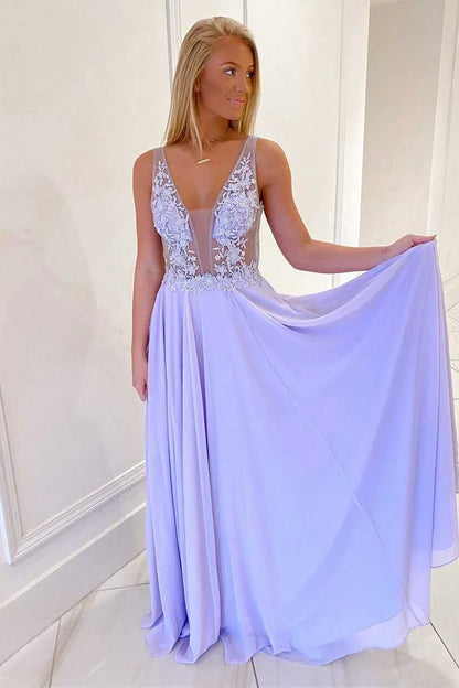 A-Line Deep V Neck Prom Dress With Applique