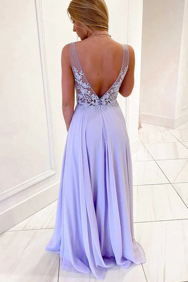 A-Line Deep V Neck Prom Dress With Applique