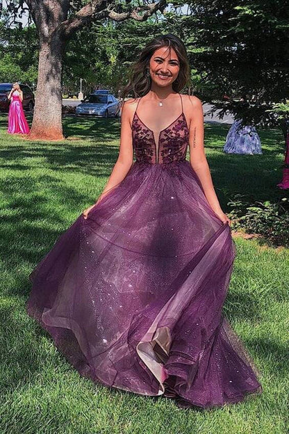 A-line Tulle and Applique Long Prom Dress