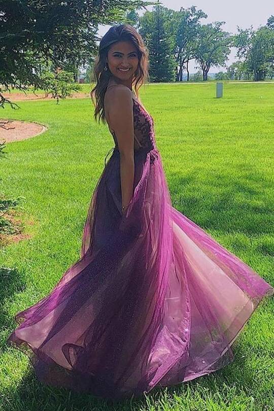 A-line Tulle and Applique Long Prom Dress