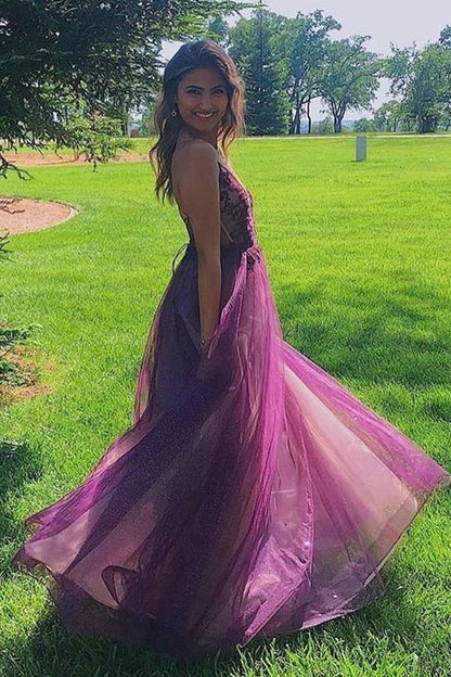 A-line Tulle and Applique Long Prom Dress