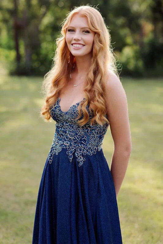 A-line Straps Applique Long Prom Dress