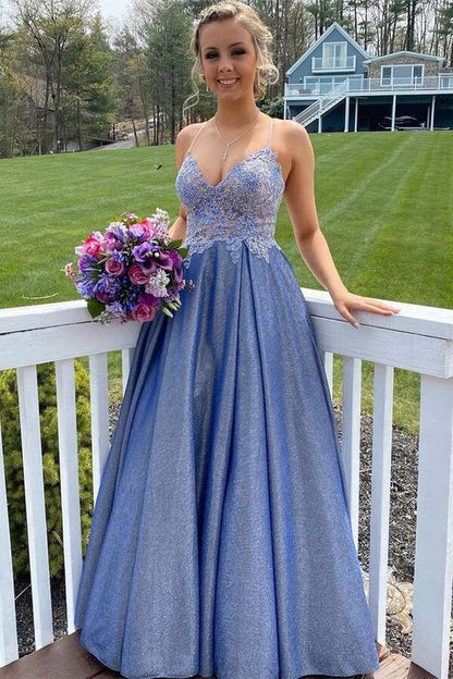 A-line Straps Applique Long Prom Dress