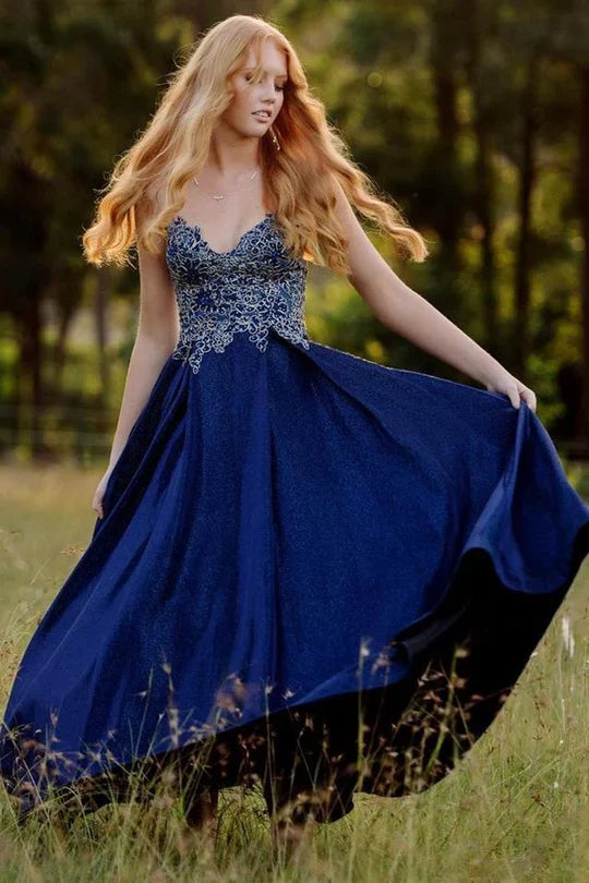 A-line Straps Applique Long Prom Dress