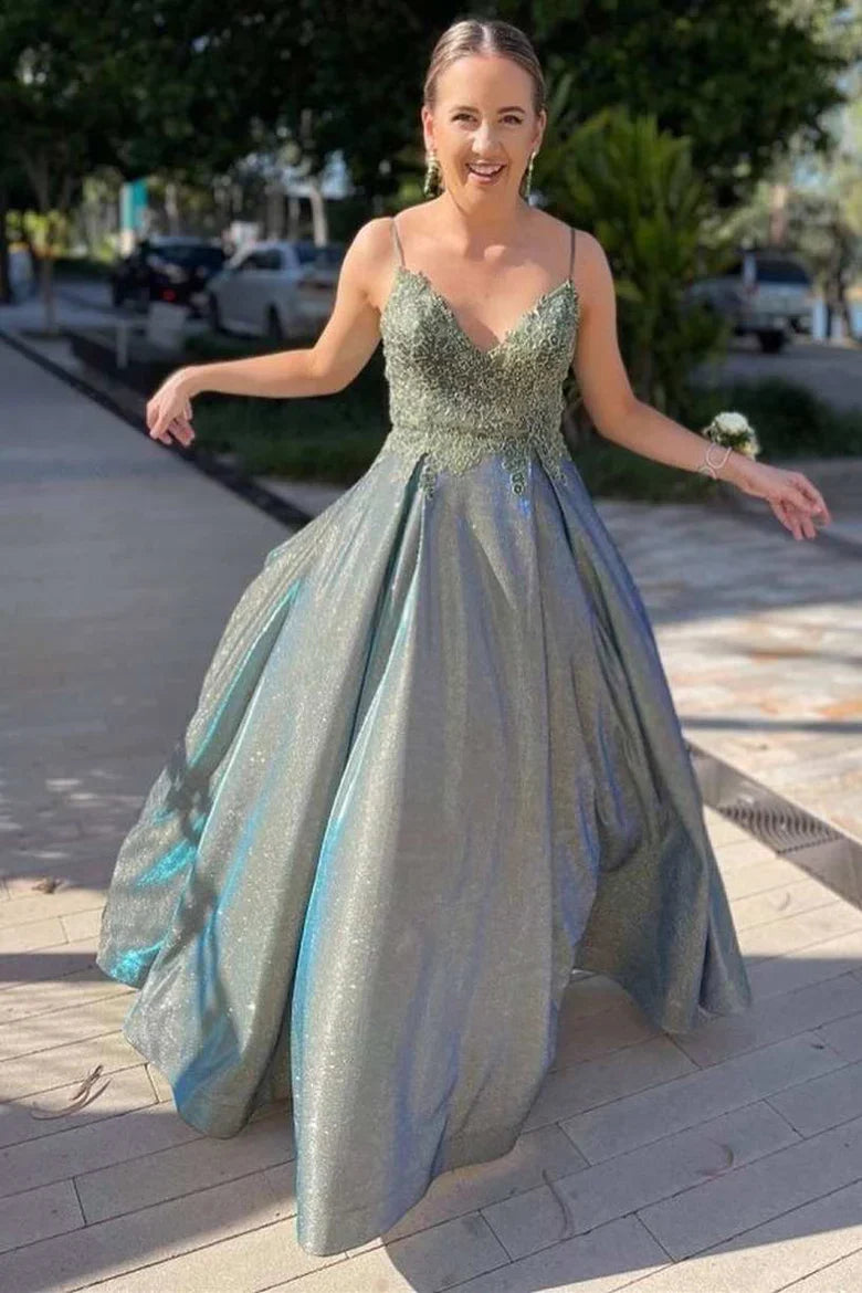 A-line Straps Applique Long Prom Dress